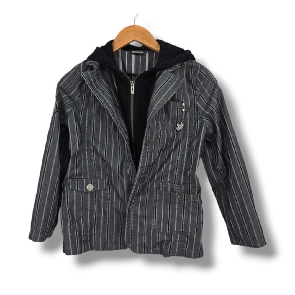 Michiko London‎ Junior Pinstripe Hooded Blazer Gray Black Layered Jacket Size 11